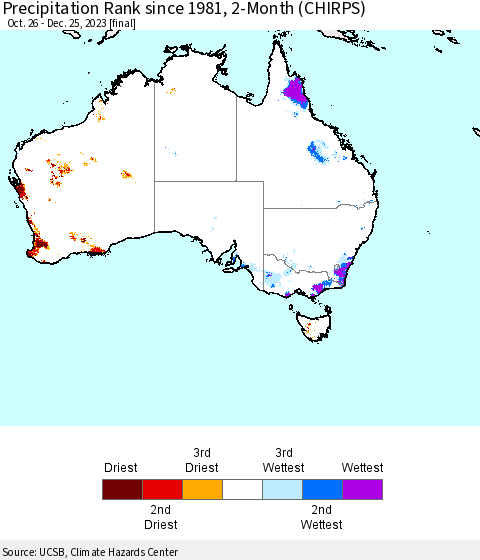 Australia Precipitation Rank since 1981, 2-Month (CHIRPS) Thematic Map For 10/26/2023 - 12/25/2023
