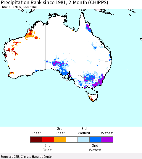 Australia Precipitation Rank since 1981, 2-Month (CHIRPS) Thematic Map For 11/6/2023 - 1/5/2024