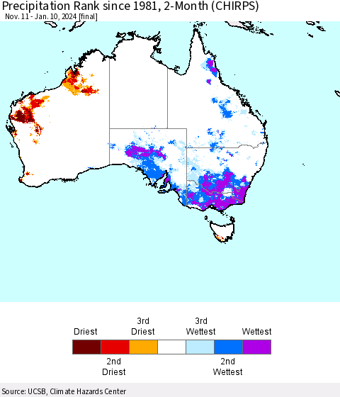 Australia Precipitation Rank since 1981, 2-Month (CHIRPS) Thematic Map For 11/11/2023 - 1/10/2024