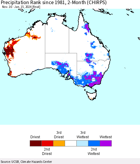 Australia Precipitation Rank since 1981, 2-Month (CHIRPS) Thematic Map For 11/16/2023 - 1/15/2024