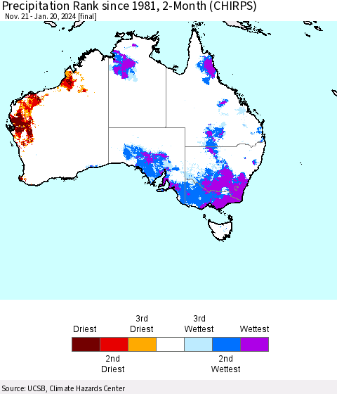 Australia Precipitation Rank since 1981, 2-Month (CHIRPS) Thematic Map For 11/21/2023 - 1/20/2024