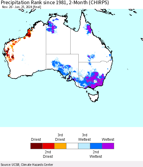 Australia Precipitation Rank since 1981, 2-Month (CHIRPS) Thematic Map For 11/26/2023 - 1/25/2024
