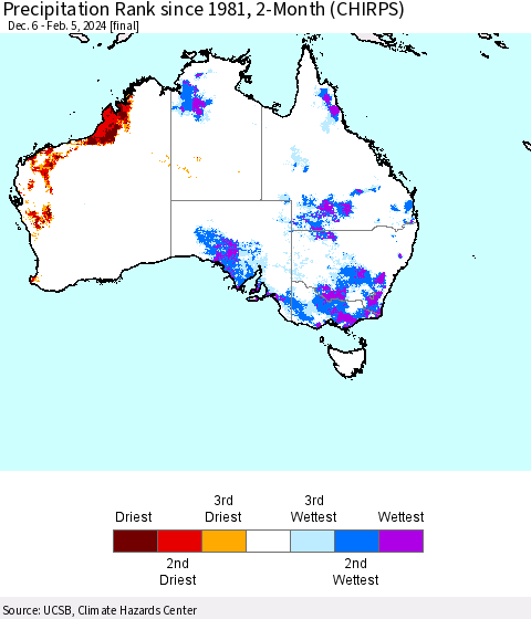 Australia Precipitation Rank since 1981, 2-Month (CHIRPS) Thematic Map For 12/6/2023 - 2/5/2024