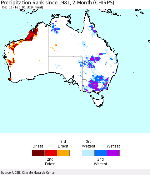 Australia Precipitation Rank since 1981, 2-Month (CHIRPS) Thematic Map For 12/11/2023 - 2/10/2024