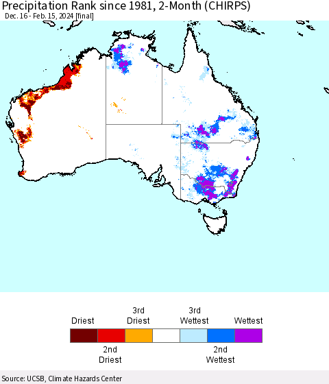 Australia Precipitation Rank since 1981, 2-Month (CHIRPS) Thematic Map For 12/16/2023 - 2/15/2024