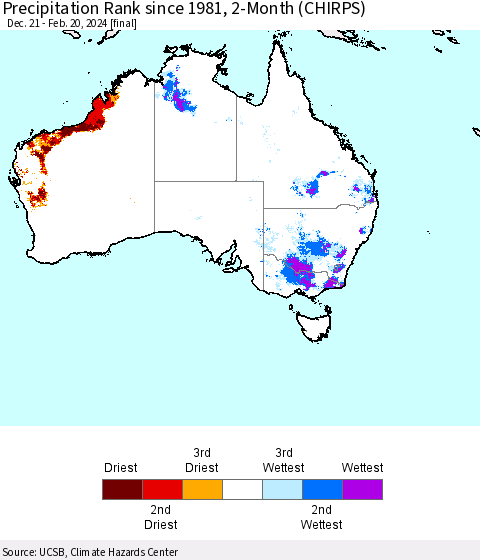 Australia Precipitation Rank since 1981, 2-Month (CHIRPS) Thematic Map For 12/21/2023 - 2/20/2024