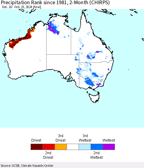 Australia Precipitation Rank since 1981, 2-Month (CHIRPS) Thematic Map For 12/26/2023 - 2/25/2024