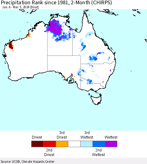 Australia Precipitation Rank since 1981, 2-Month (CHIRPS) Thematic Map For 1/6/2024 - 3/5/2024