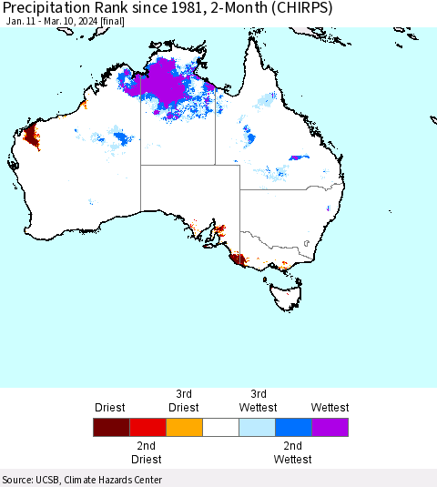 Australia Precipitation Rank since 1981, 2-Month (CHIRPS) Thematic Map For 1/11/2024 - 3/10/2024