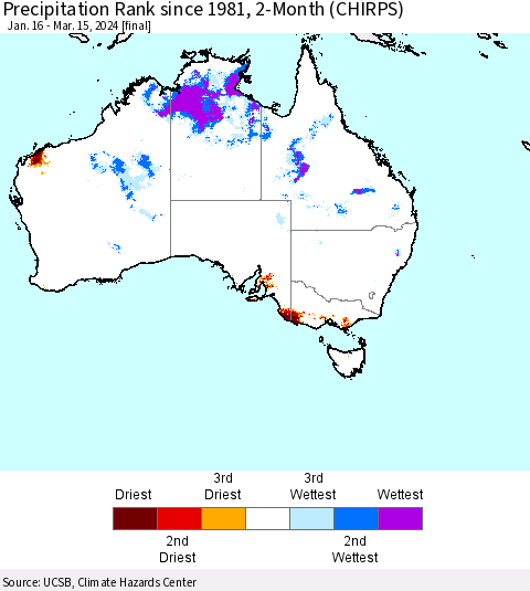 Australia Precipitation Rank since 1981, 2-Month (CHIRPS) Thematic Map For 1/16/2024 - 3/15/2024