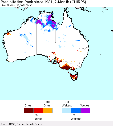 Australia Precipitation Rank since 1981, 2-Month (CHIRPS) Thematic Map For 1/21/2024 - 3/20/2024