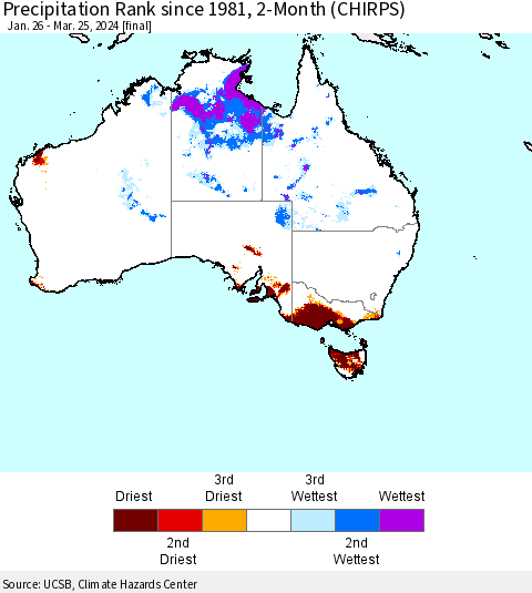 Australia Precipitation Rank since 1981, 2-Month (CHIRPS) Thematic Map For 1/26/2024 - 3/25/2024