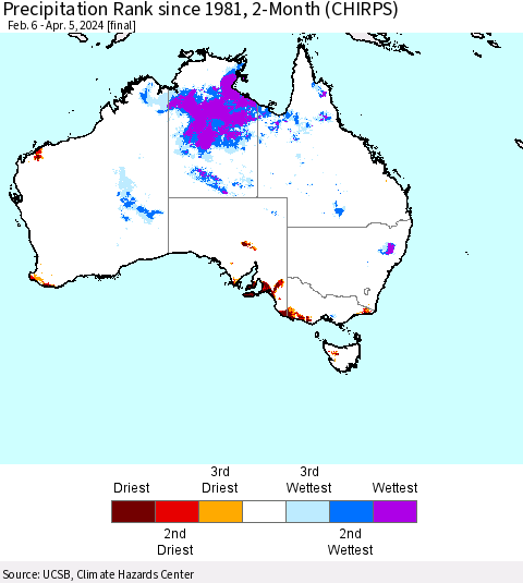Australia Precipitation Rank since 1981, 2-Month (CHIRPS) Thematic Map For 2/6/2024 - 4/5/2024