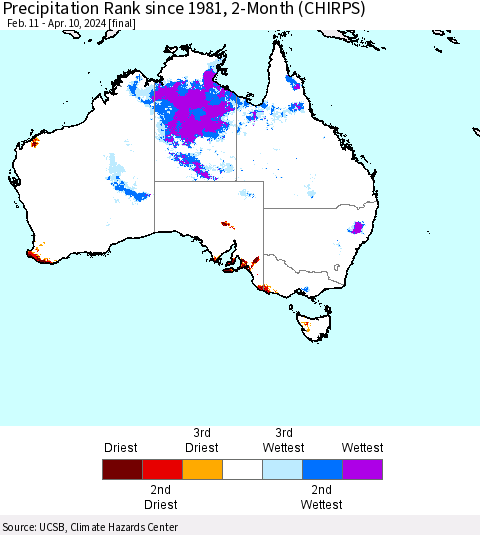Australia Precipitation Rank since 1981, 2-Month (CHIRPS) Thematic Map For 2/11/2024 - 4/10/2024