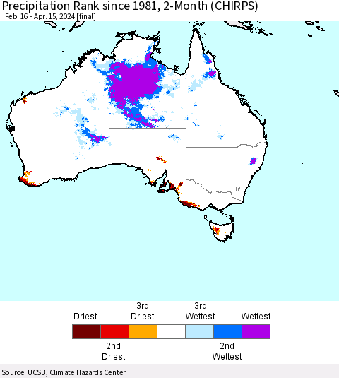 Australia Precipitation Rank since 1981, 2-Month (CHIRPS) Thematic Map For 2/16/2024 - 4/15/2024