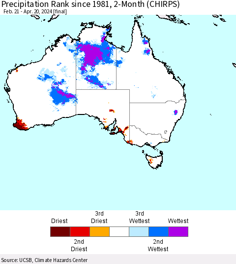 Australia Precipitation Rank since 1981, 2-Month (CHIRPS) Thematic Map For 2/21/2024 - 4/20/2024