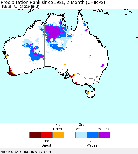 Australia Precipitation Rank since 1981, 2-Month (CHIRPS) Thematic Map For 2/26/2024 - 4/25/2024