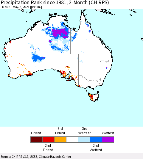 Australia Precipitation Rank since 1981, 2-Month (CHIRPS) Thematic Map For 3/6/2024 - 5/5/2024