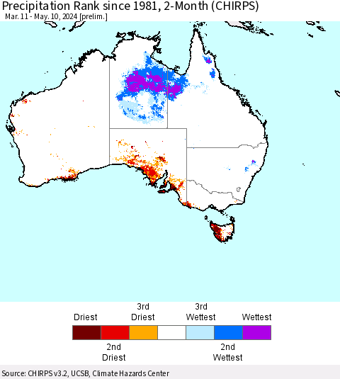 Australia Precipitation Rank since 1981, 2-Month (CHIRPS) Thematic Map For 3/11/2024 - 5/10/2024