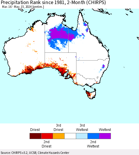 Australia Precipitation Rank since 1981, 2-Month (CHIRPS) Thematic Map For 3/16/2024 - 5/15/2024