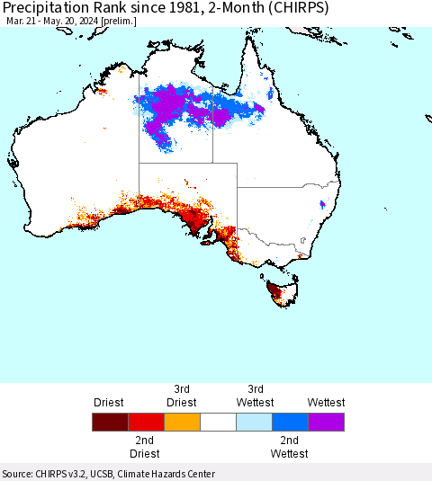 Australia Precipitation Rank since 1981, 2-Month (CHIRPS) Thematic Map For 3/21/2024 - 5/20/2024