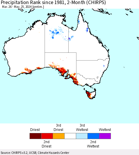 Australia Precipitation Rank since 1981, 2-Month (CHIRPS) Thematic Map For 3/26/2024 - 5/25/2024
