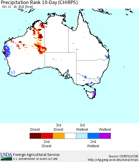 Australia Precipitation Rank since 1981, 10-Day (CHIRPS) Thematic Map For 10/11/2021 - 10/20/2021