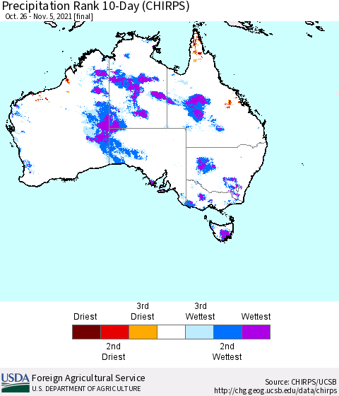 Australia Precipitation Rank since 1981, 10-Day (CHIRPS) Thematic Map For 10/26/2021 - 11/5/2021