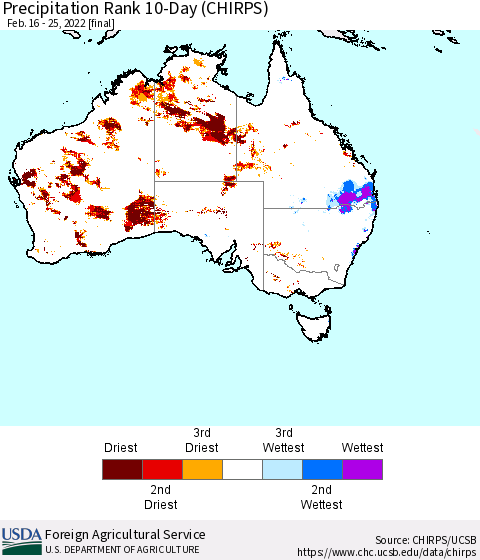 Australia Precipitation Rank since 1981, 10-Day (CHIRPS) Thematic Map For 2/16/2022 - 2/25/2022
