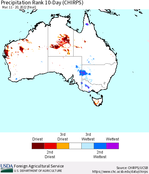 Australia Precipitation Rank since 1981, 10-Day (CHIRPS) Thematic Map For 3/11/2022 - 3/20/2022