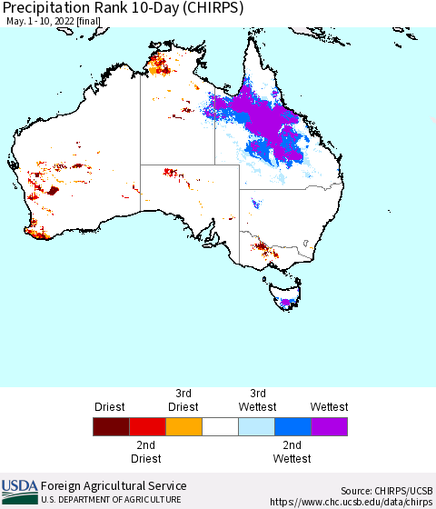 Australia Precipitation Rank since 1981, 10-Day (CHIRPS) Thematic Map For 5/1/2022 - 5/10/2022