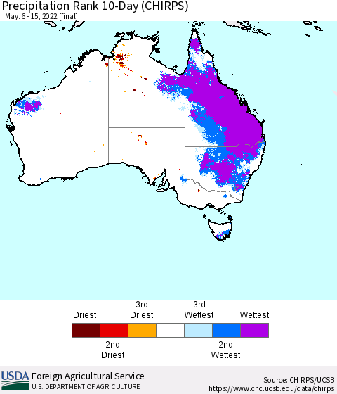 Australia Precipitation Rank since 1981, 10-Day (CHIRPS) Thematic Map For 5/6/2022 - 5/15/2022