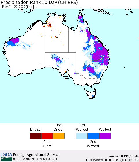 Australia Precipitation Rank since 1981, 10-Day (CHIRPS) Thematic Map For 5/11/2022 - 5/20/2022