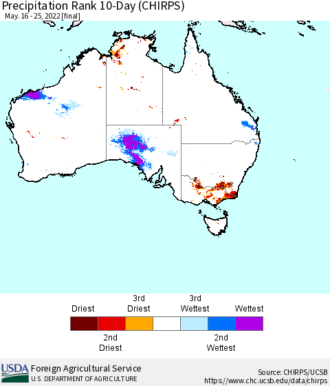 Australia Precipitation Rank since 1981, 10-Day (CHIRPS) Thematic Map For 5/16/2022 - 5/25/2022