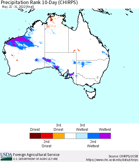 Australia Precipitation Rank since 1981, 10-Day (CHIRPS) Thematic Map For 5/21/2022 - 5/31/2022