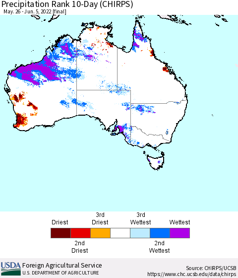 Australia Precipitation Rank since 1981, 10-Day (CHIRPS) Thematic Map For 5/26/2022 - 6/5/2022