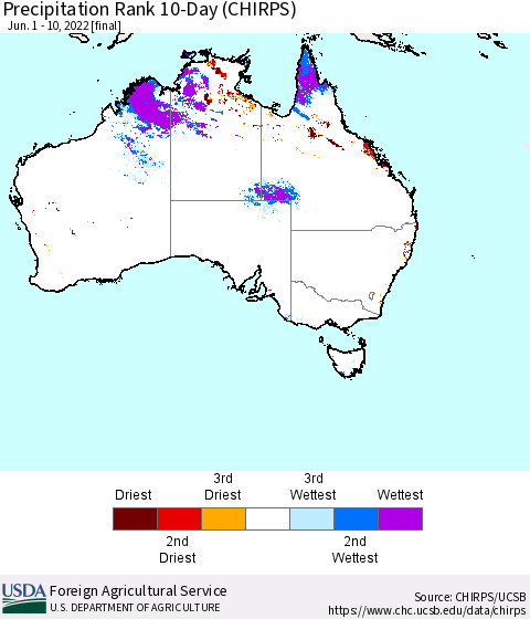 Australia Precipitation Rank since 1981, 10-Day (CHIRPS) Thematic Map For 6/1/2022 - 6/10/2022