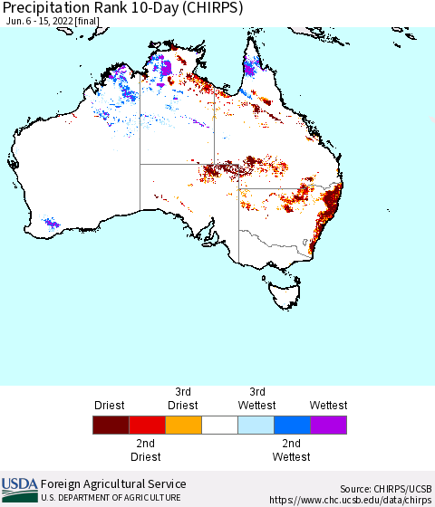 Australia Precipitation Rank since 1981, 10-Day (CHIRPS) Thematic Map For 6/6/2022 - 6/15/2022