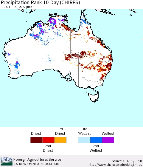 Australia Precipitation Rank since 1981, 10-Day (CHIRPS) Thematic Map For 6/11/2022 - 6/20/2022