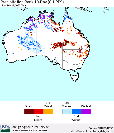 Australia Precipitation Rank since 1981, 10-Day (CHIRPS) Thematic Map For 6/16/2022 - 6/25/2022