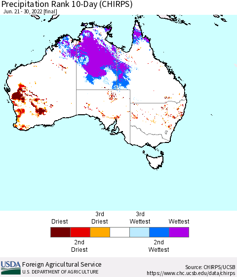Australia Precipitation Rank since 1981, 10-Day (CHIRPS) Thematic Map For 6/21/2022 - 6/30/2022