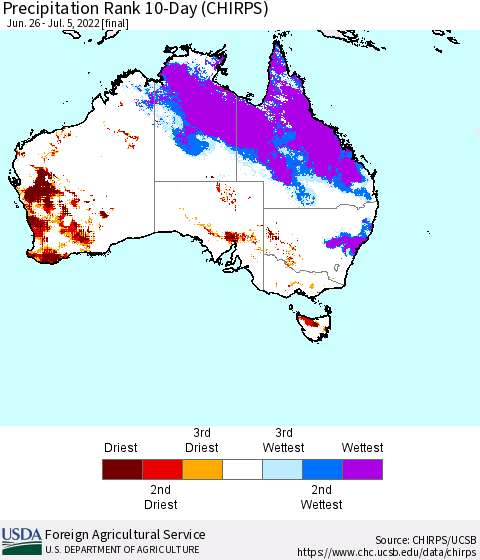 Australia Precipitation Rank since 1981, 10-Day (CHIRPS) Thematic Map For 6/26/2022 - 7/5/2022