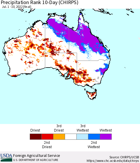 Australia Precipitation Rank since 1981, 10-Day (CHIRPS) Thematic Map For 7/1/2022 - 7/10/2022