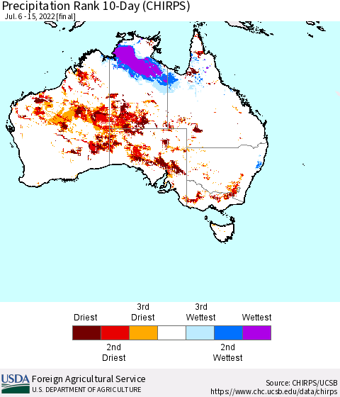 Australia Precipitation Rank since 1981, 10-Day (CHIRPS) Thematic Map For 7/6/2022 - 7/15/2022