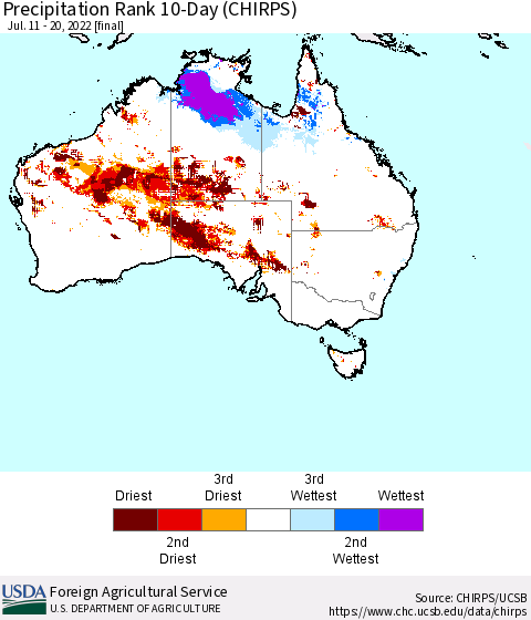 Australia Precipitation Rank since 1981, 10-Day (CHIRPS) Thematic Map For 7/11/2022 - 7/20/2022