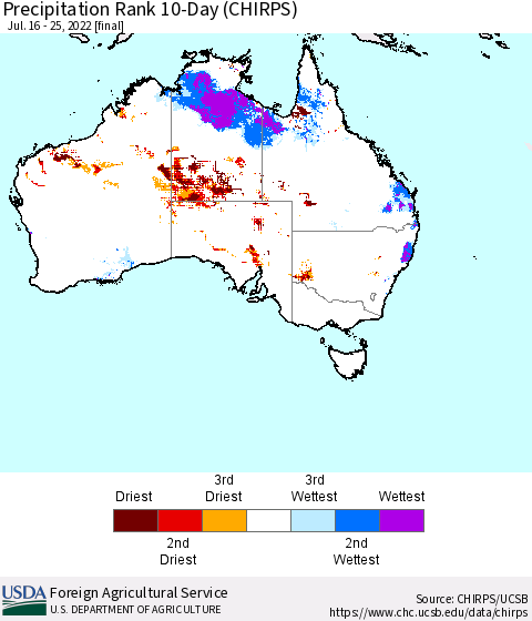 Australia Precipitation Rank since 1981, 10-Day (CHIRPS) Thematic Map For 7/16/2022 - 7/25/2022