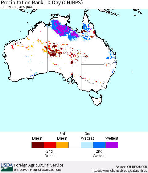 Australia Precipitation Rank since 1981, 10-Day (CHIRPS) Thematic Map For 7/21/2022 - 7/31/2022