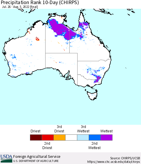 Australia Precipitation Rank since 1981, 10-Day (CHIRPS) Thematic Map For 7/26/2022 - 8/5/2022