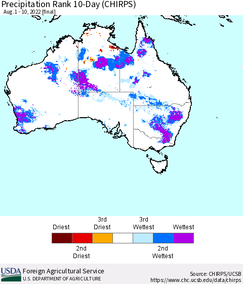 Australia Precipitation Rank since 1981, 10-Day (CHIRPS) Thematic Map For 8/1/2022 - 8/10/2022