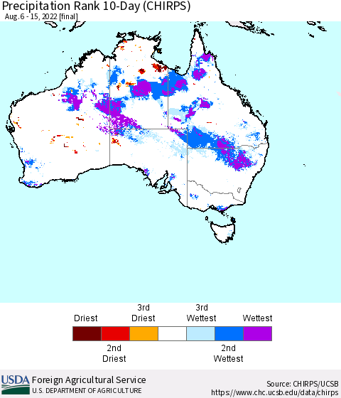 Australia Precipitation Rank since 1981, 10-Day (CHIRPS) Thematic Map For 8/6/2022 - 8/15/2022